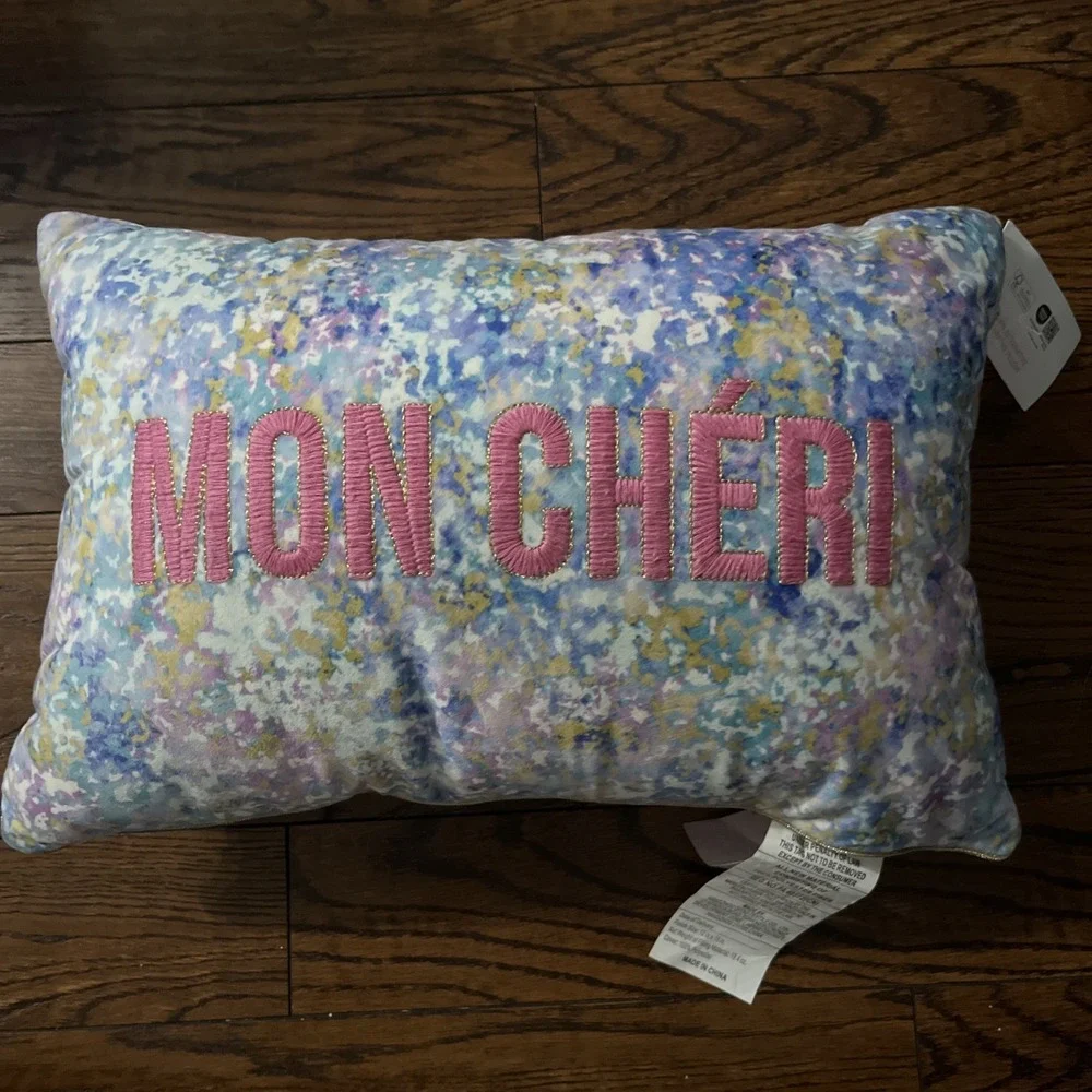 ISAAC MIZRAHI Pink MON CHERI Pillow Embroidered Watercolor Vibe